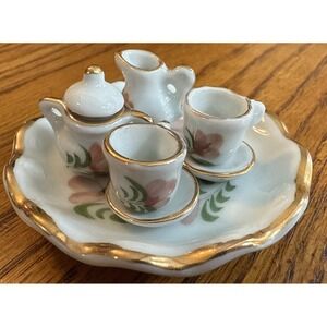 Miniature Tea Set Porcelain Vintage Floral Gold Trim Dollhouse Tea Service